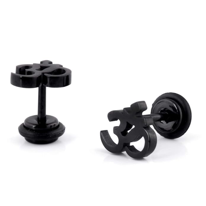 El Regalo 1 Pair Stainless Steel OM Stud Earrings for Boys/Men- Anti Tarnish, Waterproof OM Religious/Meditation Jewelry (Black)