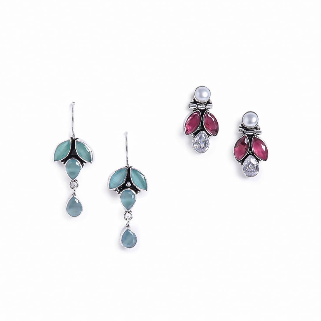 El Regalo 2 Pairs 925 Silver Plated Vintage Stones & Pearls Earrings Combo Set for Women & Girls- Silver Lookalike Statement Pearls Stones Earrings (Option-4)