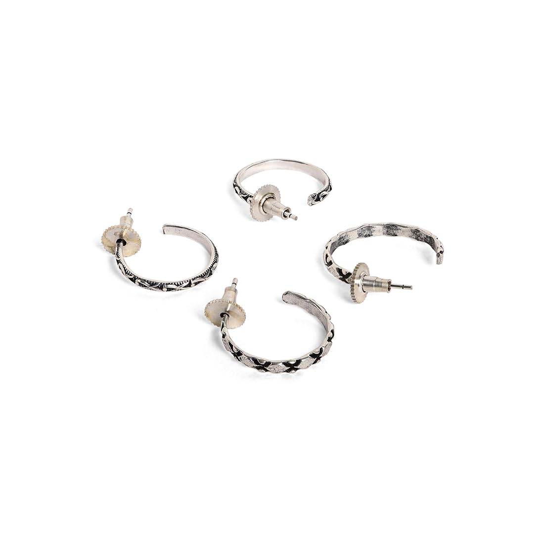 El Regalo 2 Pairs Tribal Oxidized Half Hoop Earrings, Huggie Earrings- Hammered Bohemian Oxidized German Silver Baali Earrings (Option-8)