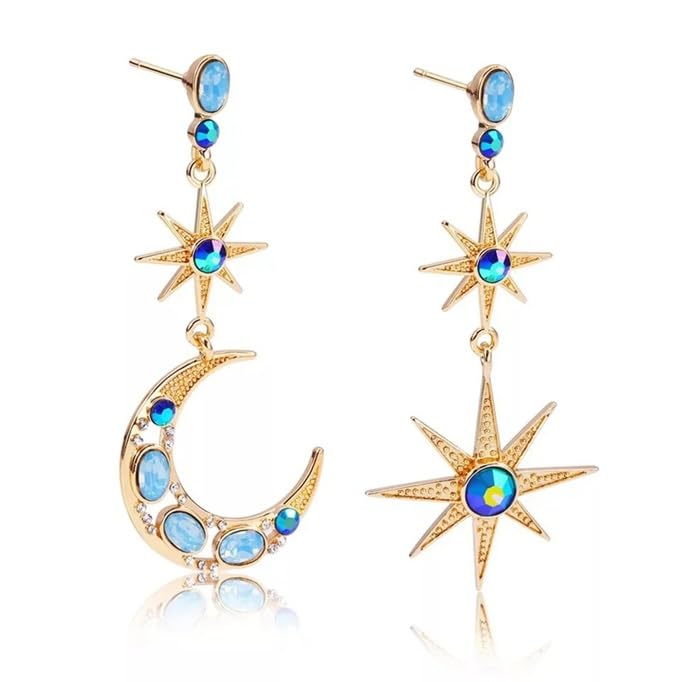 El Regalo Bohemian Moon Star Asymmetric Tassel Earrings- Crystal Moon & Sun Drop Earrings Long Retro Exquisite Punk Style Jewellery for Women Girls