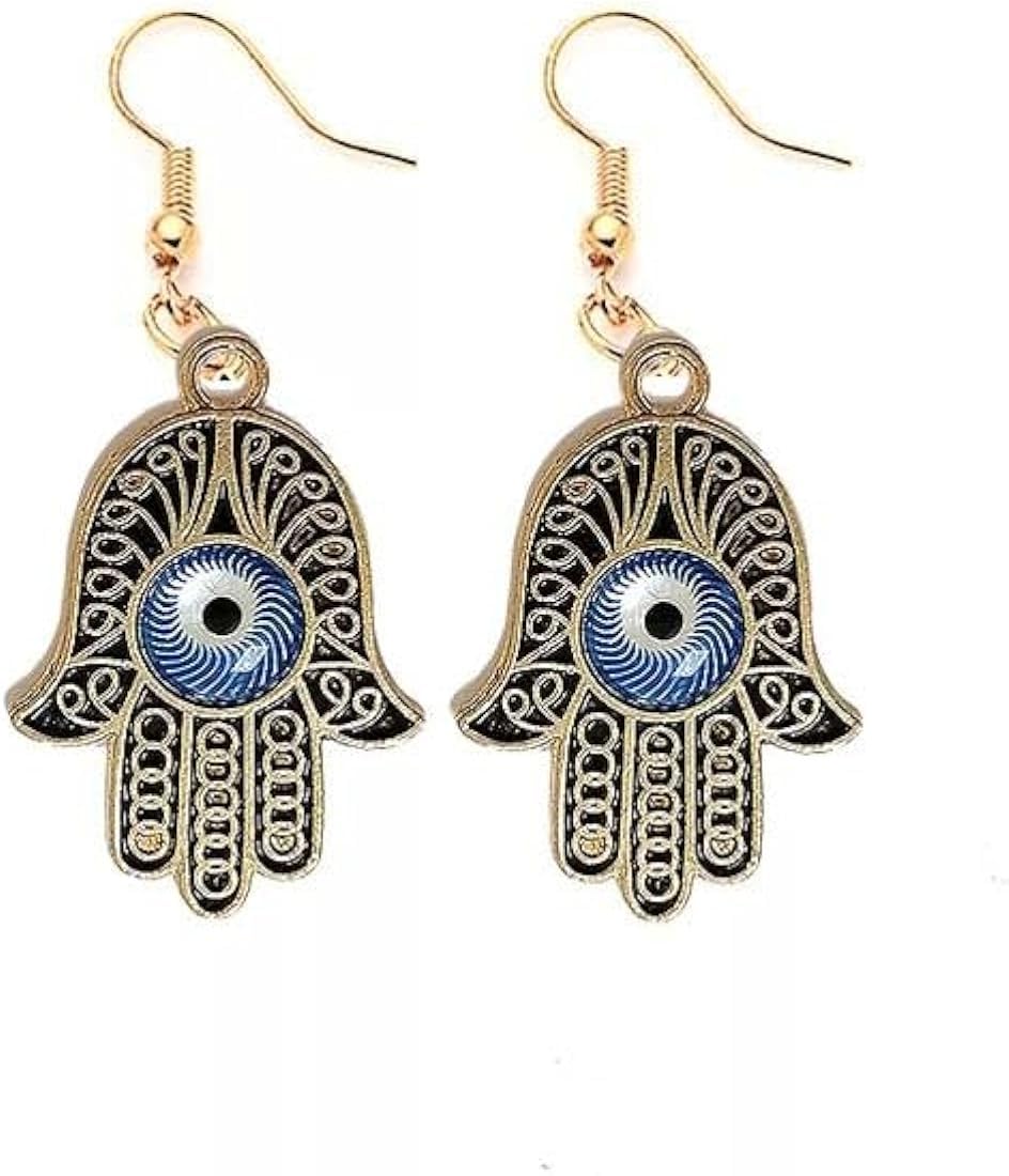 El Regalo Evil Eye Hamsa Hand Hook Earrings in Antique Golden Finish- Vintage Evil Eye Jewelry for Girls