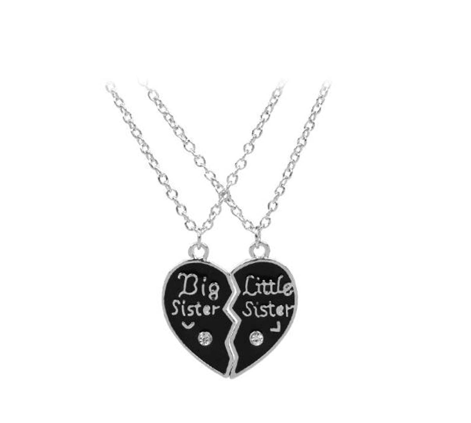 El Regalo Girl's Little Sis Big Sis Bff Best Friends Puzzle Heart Matching Pendant Necklaces Set (Black) 2 Pieces