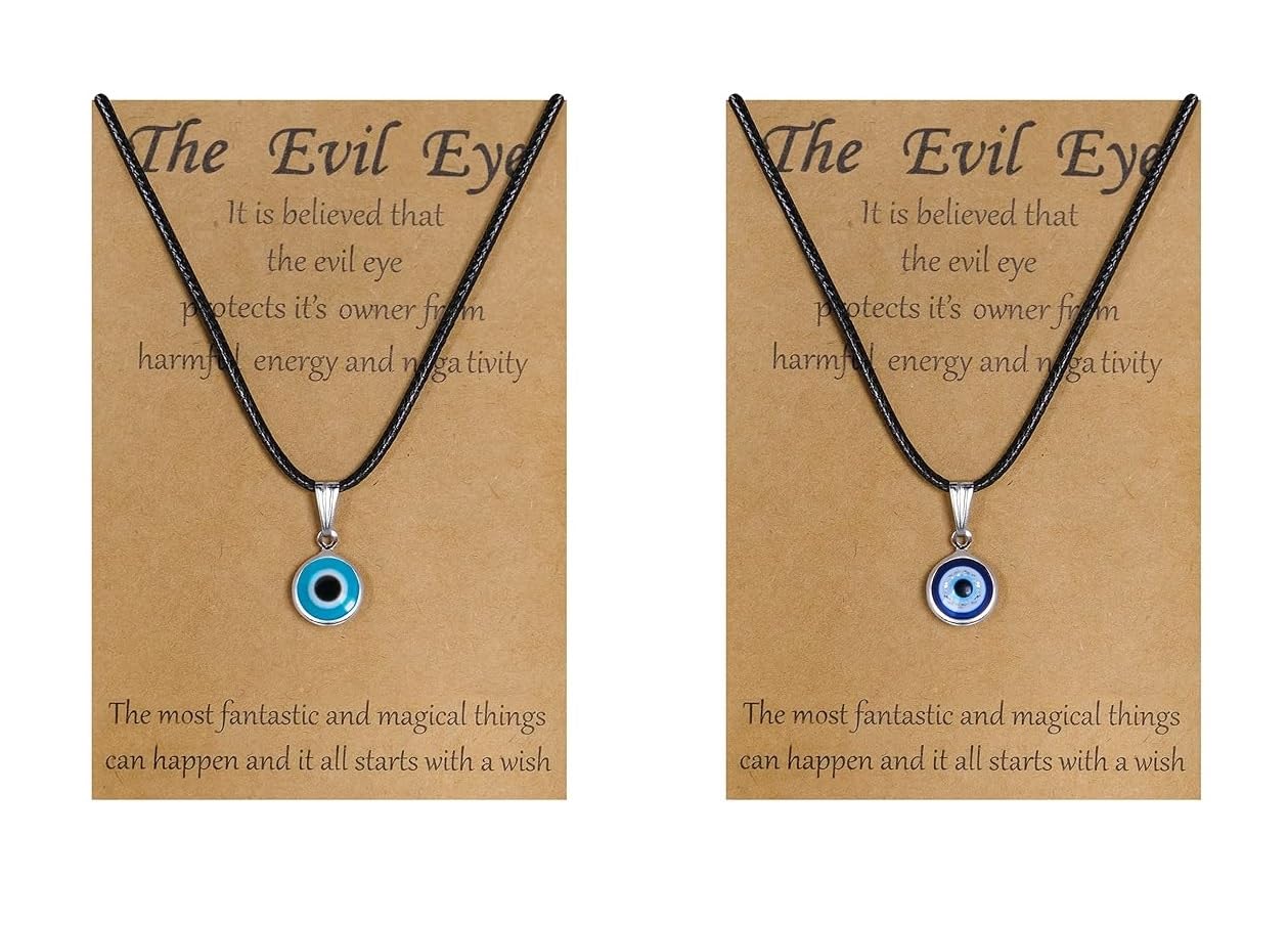 El Regalo 2PCs Evil Eye Necklaces Combo Set- Blue Eyes Amulet Pendant Dainty Ojo Gold Cord Necklace for Women & Girls