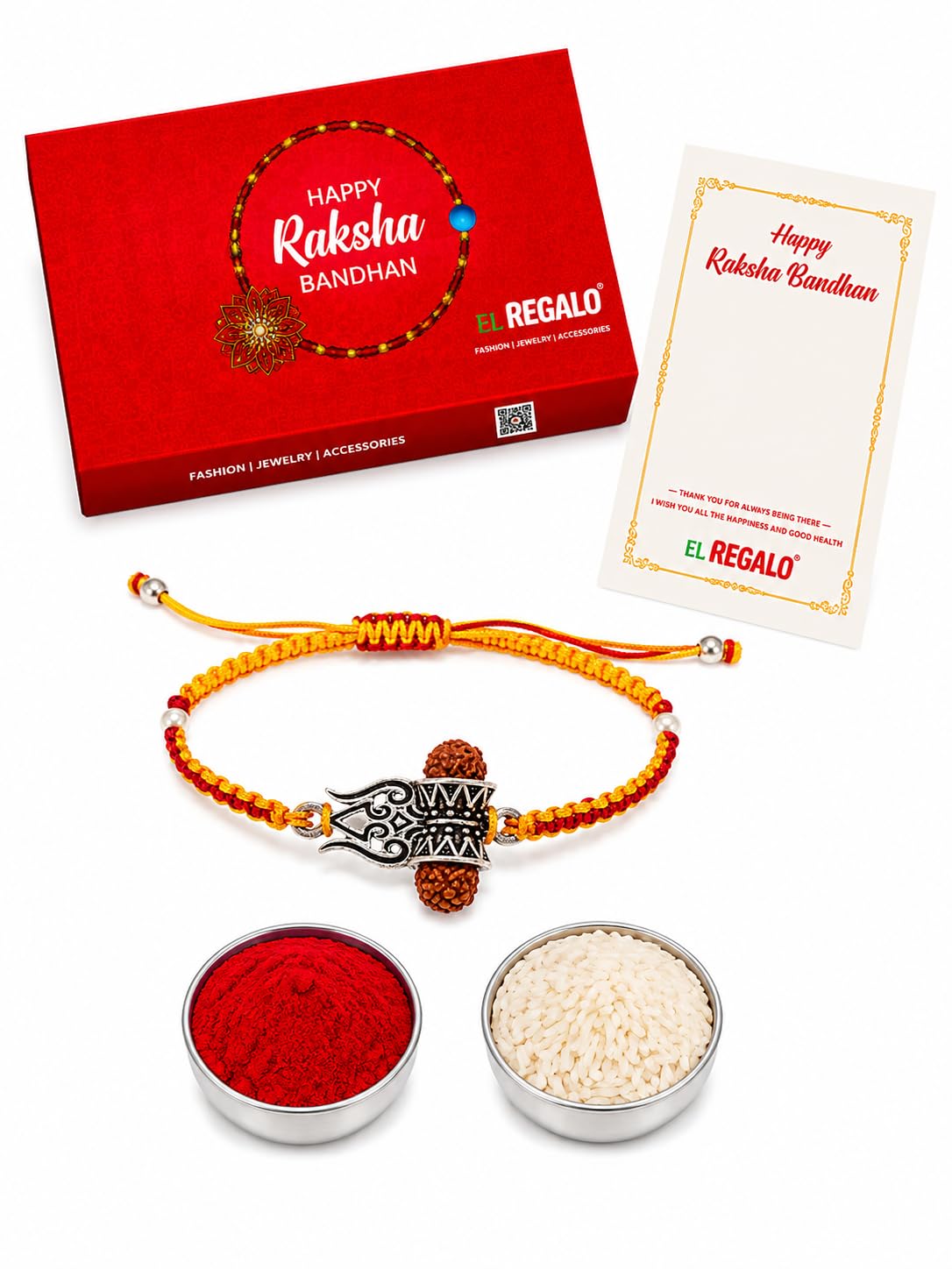 El Regalo 1PC Rudraksha Trident Rakhi for Brother with Roli Chawal, Message Card in Gift Box- OM, Trishul, Damru Rudraksha Rakhi for Bhai/Brother (Trident)
