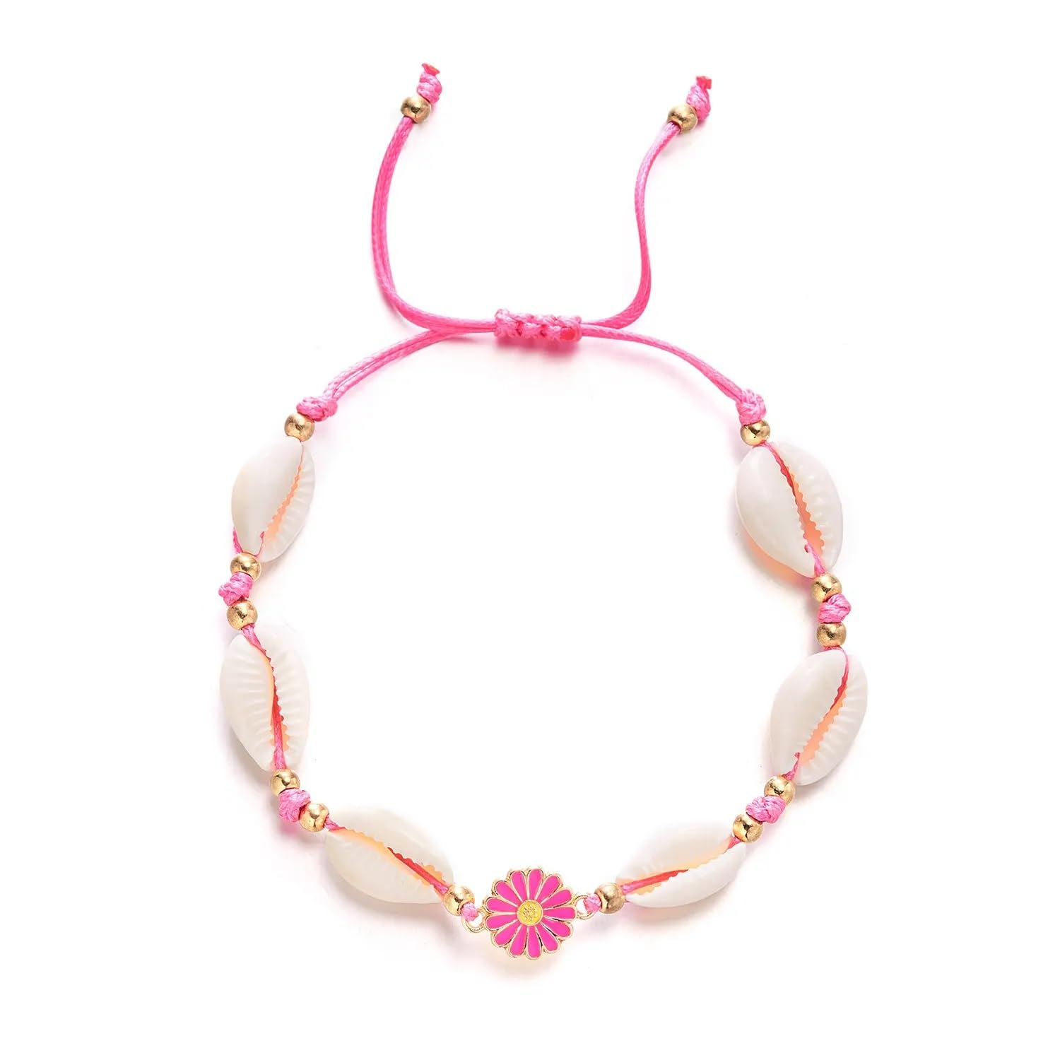 El Regalo Womens 1PC Bohemian Sunflower Cawrie Shell Anklet- Trendy 1 Leg Thread Adjustable Anklet with Pretty Flower Charms (Pink)