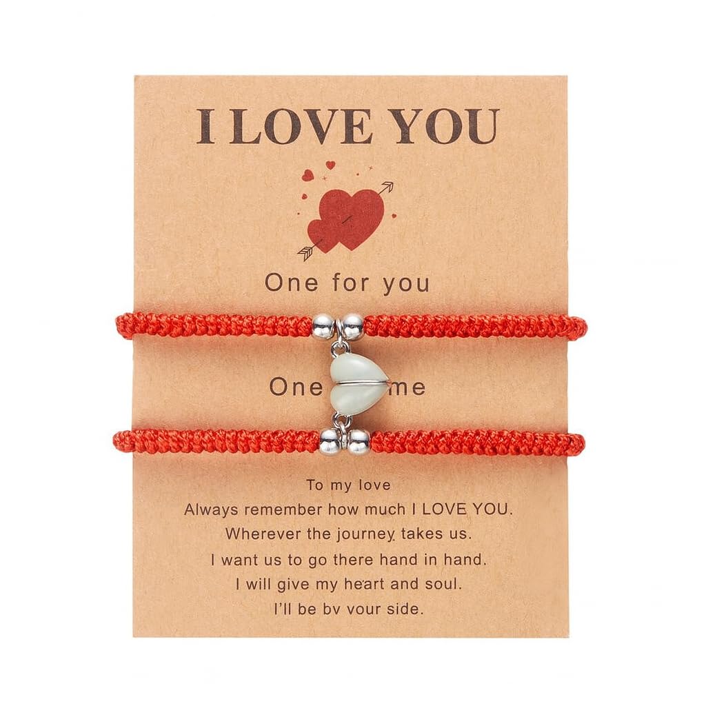 El Regalo 2PCs Luminous Hearts Love Couple Best Friend Hand Woven Adjustable Bracelets Set- BFF Glow in Dark Jewelry (No Tapping) (Red)