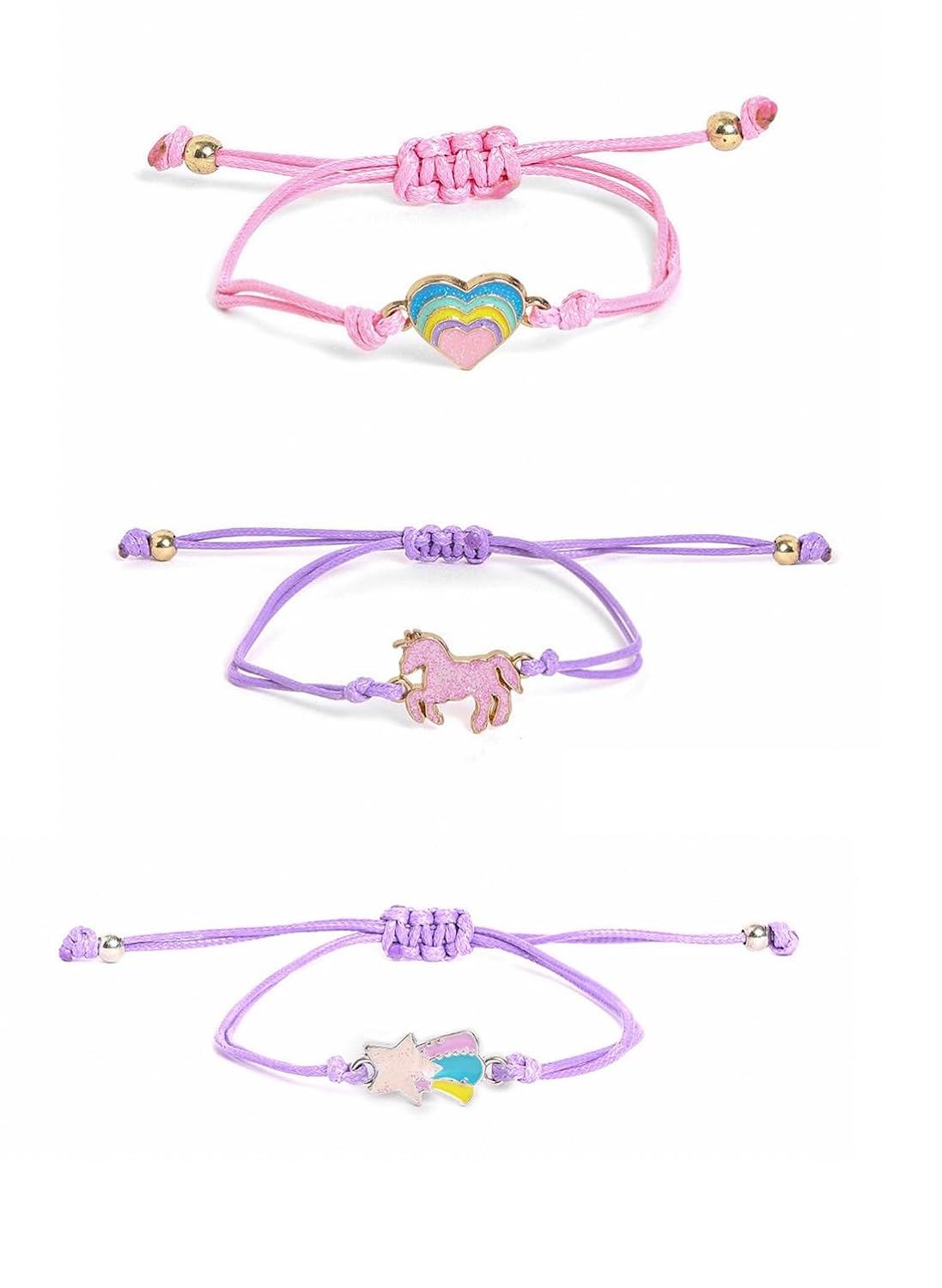 El Regalo 3pcs/set Multicolor Unicorn Heart Smilies Rainbow Stars Camera Cloud Handmade Woven Rope Thread Braided Bracelet with Spray Lacquer Accessories For Kids/Girls/Teens (Option-1)