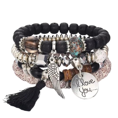 El Regalo 4Pcs/Set Vintage Bohemia Style Wing Beads Tassel Unisex Bracelet - Stackable Multi-layer Modern Charm Bracelets with Wings and I Love You Charms Bracelets (Black)