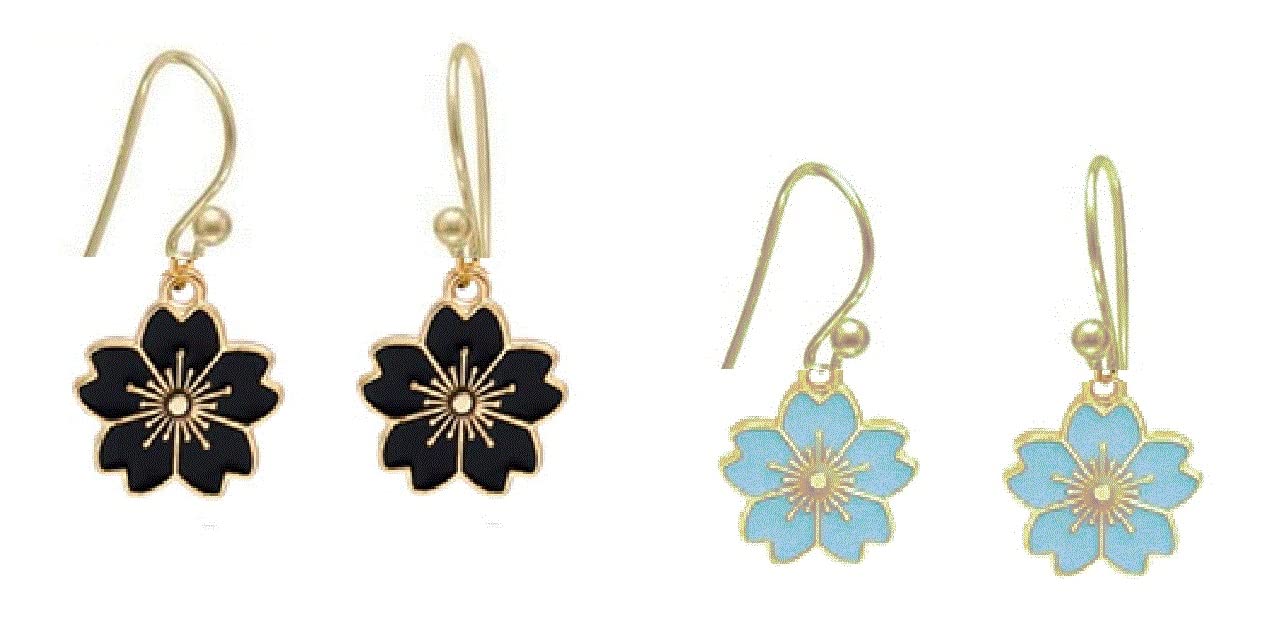 El Regalo 2 Pairs Cherry blossom Flower earrings, Sakura Blossom, Cute Dangle Drop Enamel Floral Earrings for Girls & Women (Blue & Black)