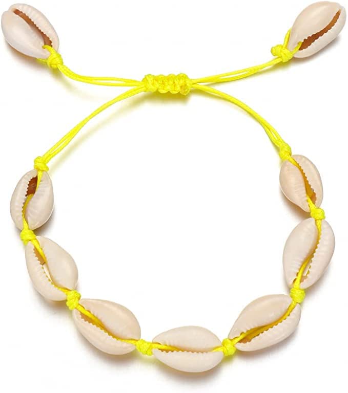 El Regalo Beach Cowrie Shell Anklet/Bracelet for Girls & Women- Bohemian Adjustable Hawaiian Beach Summer Vintage Anklet Hand-woven Decoration Jewelry for Girl Women (Yellow)