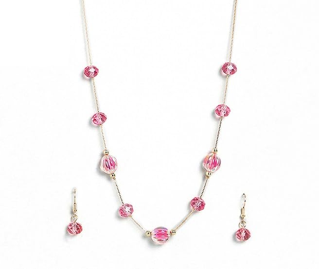 El Regalo 2PCs Crystals Beads Necklace & Earrings Jewelry Set for Kids/Girls & Teens - Shimmering/Matt Crystal Beads Fancy Jewelry Set (Rose Pink Crystals)