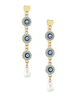El Regalo Elegant Long Evil Eye Pearl Heart Stud Earrings- Fancy Evil Eye Statement Earrings with Pearl Drop for Women