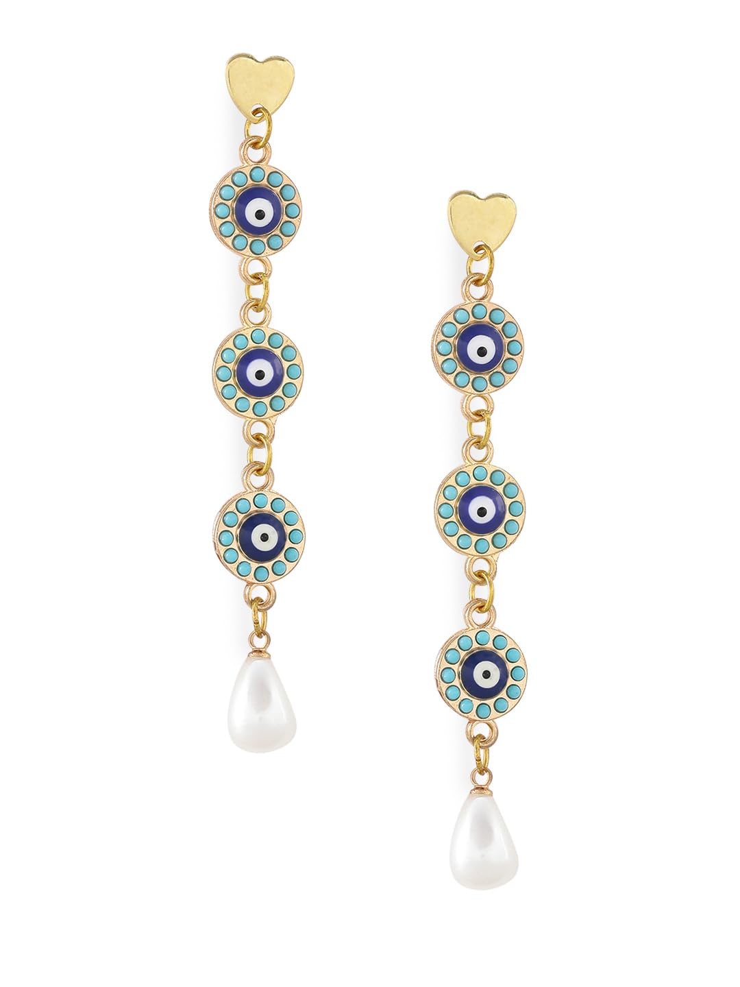 El Regalo Elegant Long Evil Eye Pearl Heart Stud Earrings- Fancy Evil Eye Statement Earrings with Pearl Drop for Women