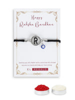 El Regalo Name Initials Evil Eye Bracelet Rakhi for Brother- Name Letter CZ Rakhi with Roli Chawal, Message Card in Rakshabandhan Box for Bhai (Black-R)