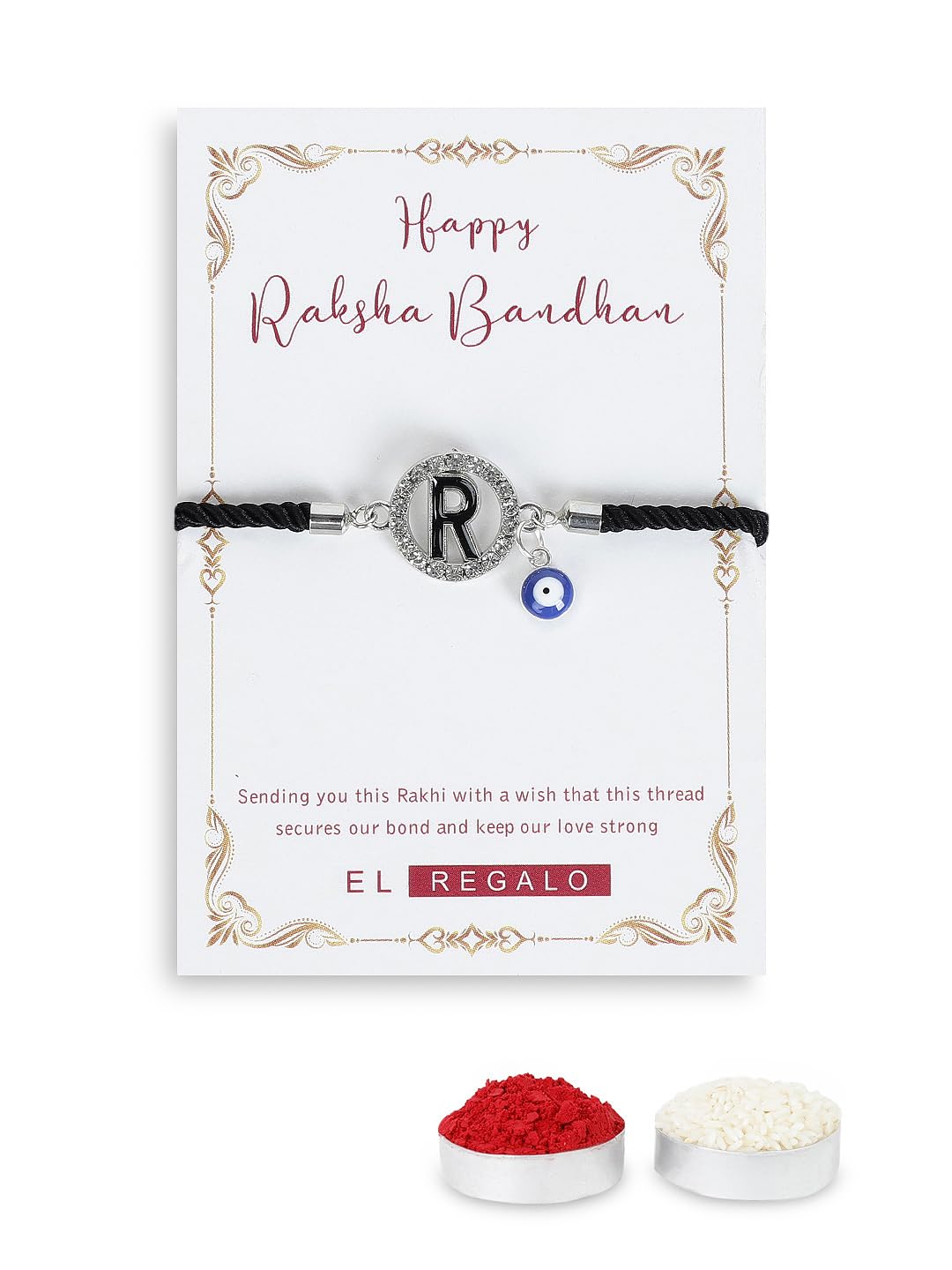El Regalo Name Initials Evil Eye Bracelet Rakhi for Brother- Name Letter CZ Rakhi with Roli Chawal, Message Card in Rakshabandhan Box for Bhai (Black-R)