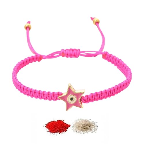 El Regalo 1 PC Star Evil Eye Nazaria Rakhi for Brother- Rakhi Gift Box with 1 PC Rakhi, Shagun Pack & Rakhi Message Card in Gift Box - Rakhi for Bhai/Bhabhi/Bhatija/Bhatiji (Pink Star Evil Eye)
