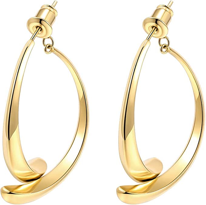 El Regalo Women's & Girl's Cross Curved Earrings, Curved Stick Front Back Linear Drop Hypoallergenic Earrings (Plain Golden)
