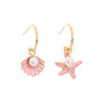 El Regalo Pearl Shell Starfish Enamel Asymmetrical Earrings for Girls & Women- Pearls Shells Ocean Theme Jewelry