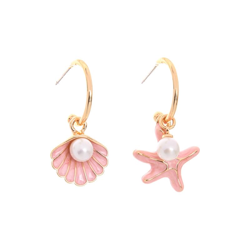 El Regalo Pearl Shell Starfish Enamel Asymmetrical Earrings for Girls & Women- Pearls Shells Ocean Theme Jewelry