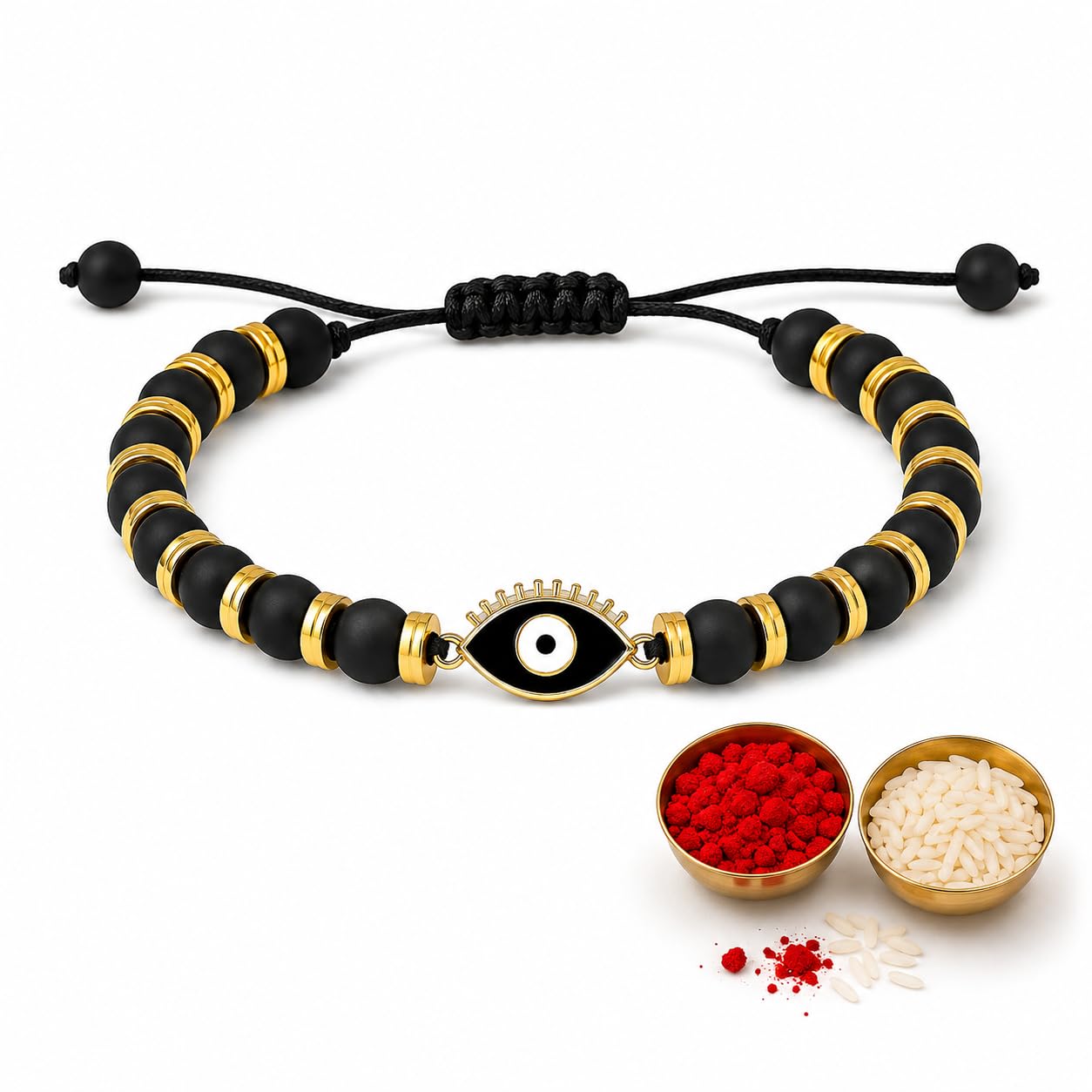 El Regalo Elegant Evil Eye/Hamsa Hand Rakhi for Brother- Beautiful Bracelet Rakhi for Bhai with Roli Chanwal, Message Card in Rakshabandhan Box (Evil Eye)