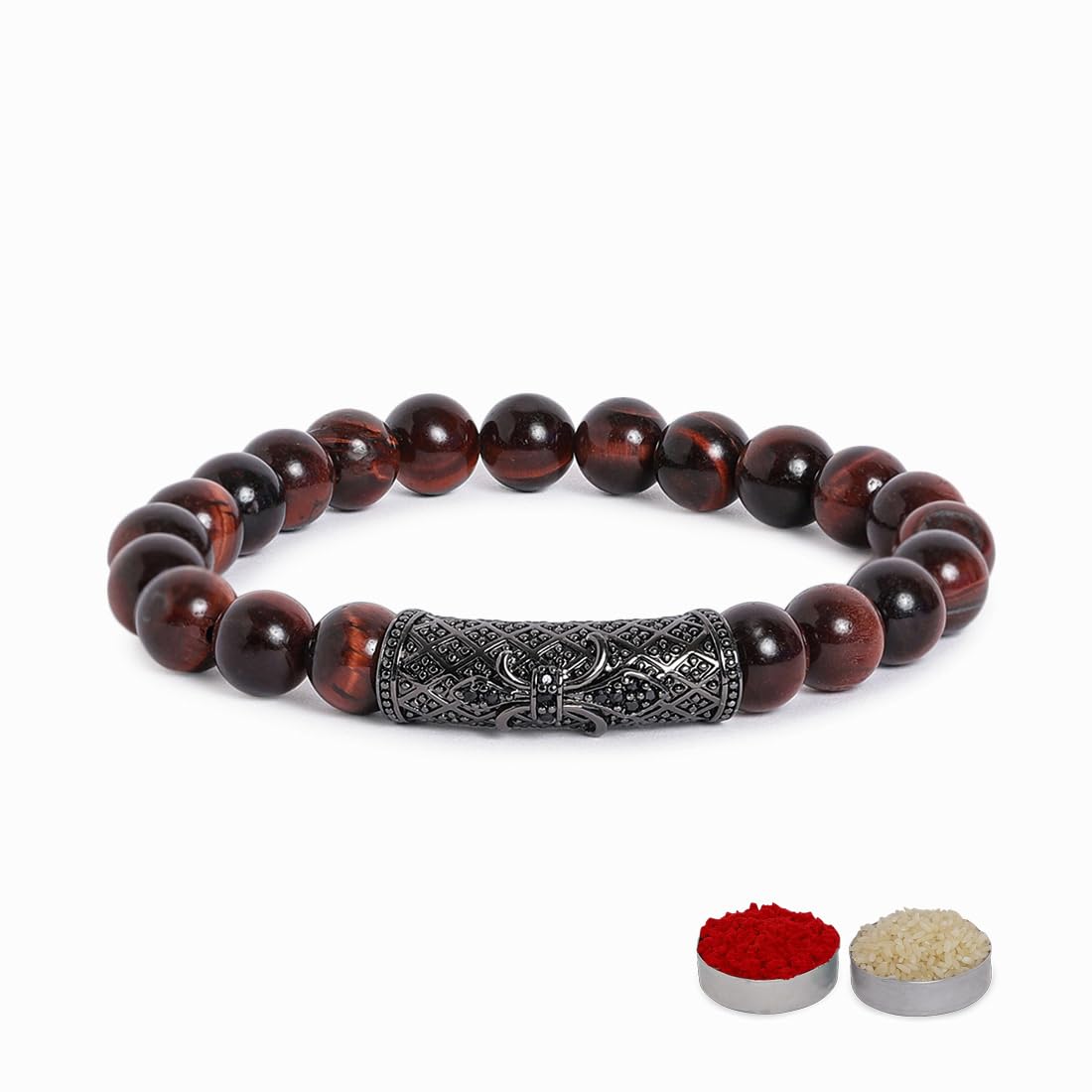 El Regalo 1 PC Natural Red Tiger Eye Stones with Antique Crown Charm Rakhi for Brother/Bhai- Designer Rakhi with Roli-Chawal Shagun, Rakhi Message Card in Rakhi Gift Box (Antique Charm Rakhi)