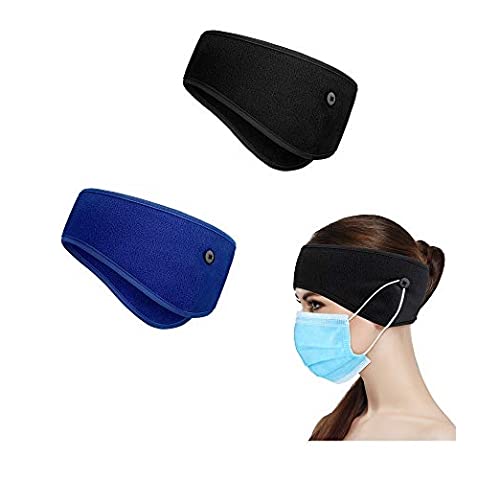 El Regalo 2 Pcs Winter Fleece Ear Warmers Headband With Buttons For Facemask - Winter Ear Muffs For Unisex Boys & Girls In Cold Weather, Running Yoga Skiing Riding Bike Ear Cover (Neon Blue & Black)