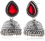 El Regalo Women's & Girl's Stylish Antique Silver Finish Traditional Jhumkas With Red Stones Studs | Oxidized Silver Plated Jhumka Studs Earrings