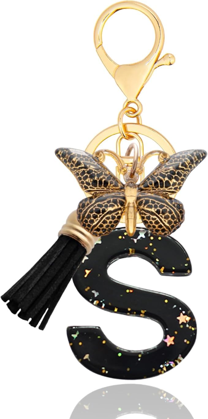 El Regalo Personalized Name Initials Butterfly Charm Keychain - Name Letter Keyring with Black & Golden Tassel & Butterfly Pendant, Purse, Bag, Backpack Accessory (S Letter)