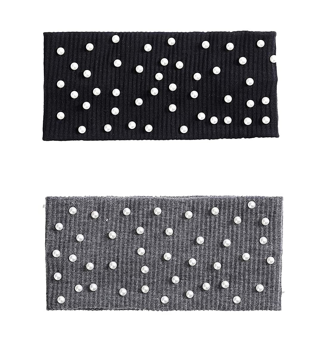 El Regalo 2 PCs Elastic Knit Ear Warmers with Pearls for Girls & Women | Winter Hair Band for Women Head Wraps (Grey & Black)