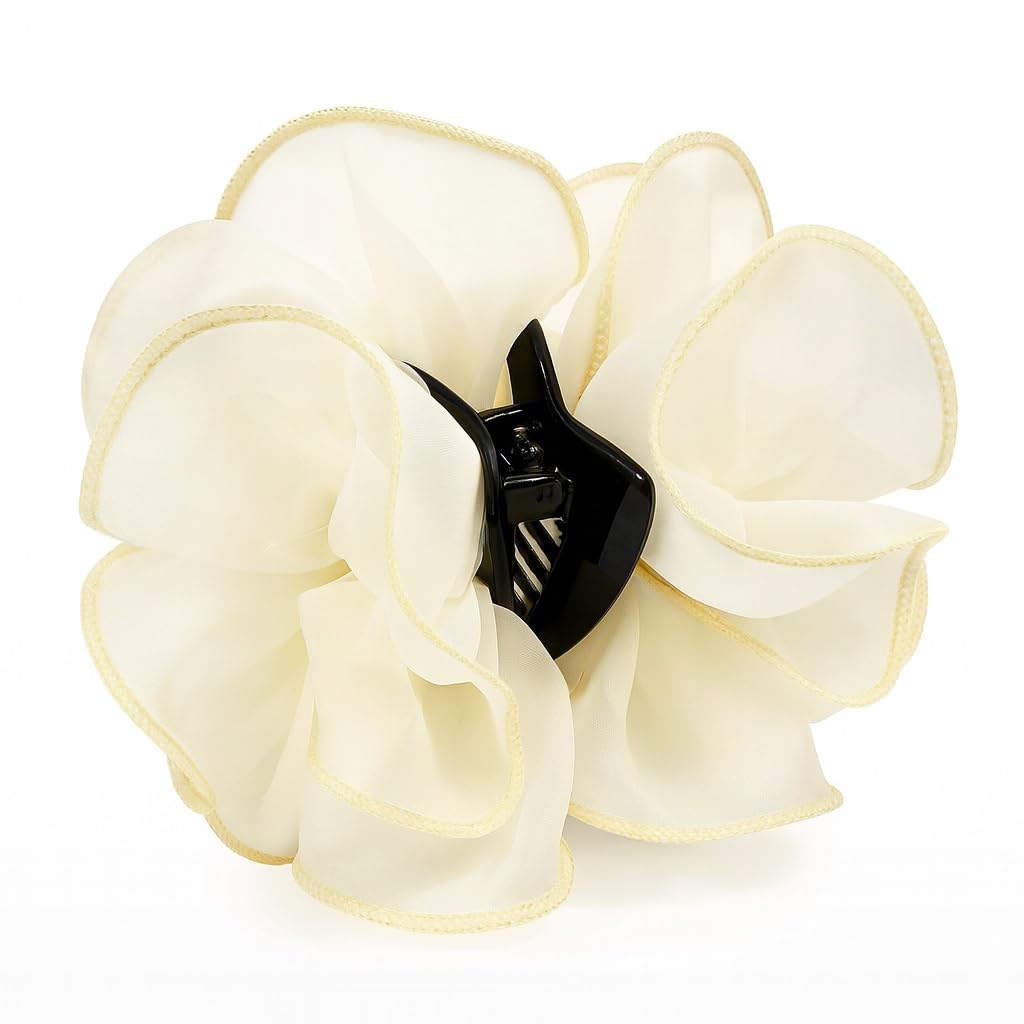 El Regalo 1pc Bohemian Large Flower Hair Claw Clip for Women & Girls - Elegant Multi-Layer Floral Shark Clip, Strong Grip Updo Accessory for Festive, Wedding, Party & Regular Use (White)