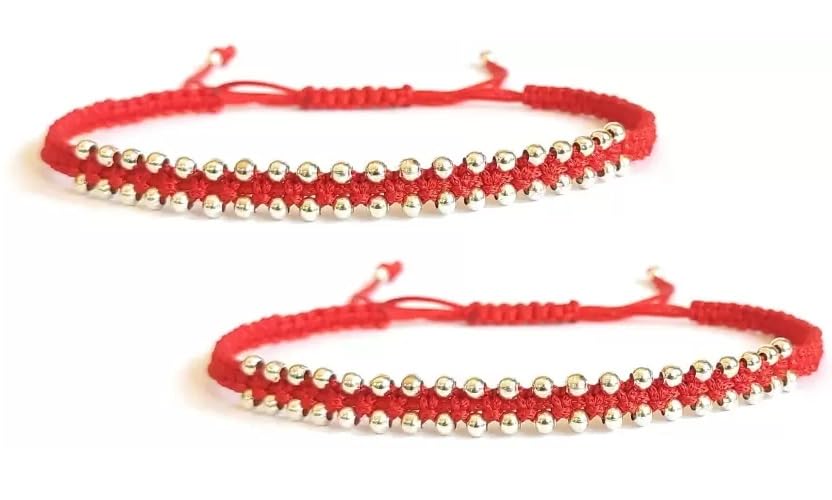 El Regalo Womens 2 Pcs Handmade Beaded Nazaria/Nazar Bracelet Cum Anklet Set- Black & Red Thread Anklet/Bracelet Set (Red Gold)