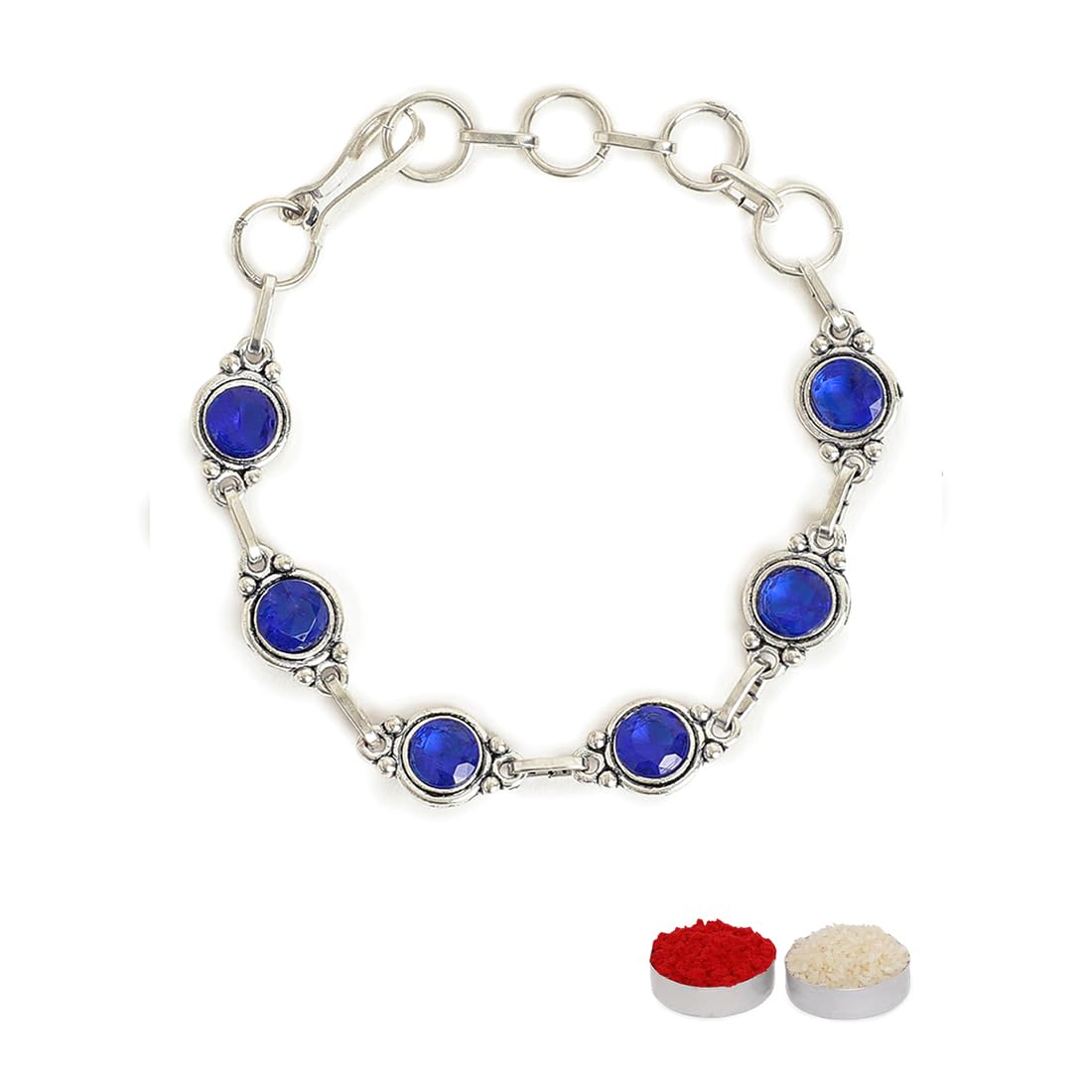 El Regalo 1PC Designer Stones Studded Bracelet Rakhi for Brother/Bhai- Rakhi with Roli-Chawal Shagun, Message Card in Rakhi Gift Box (Blue)