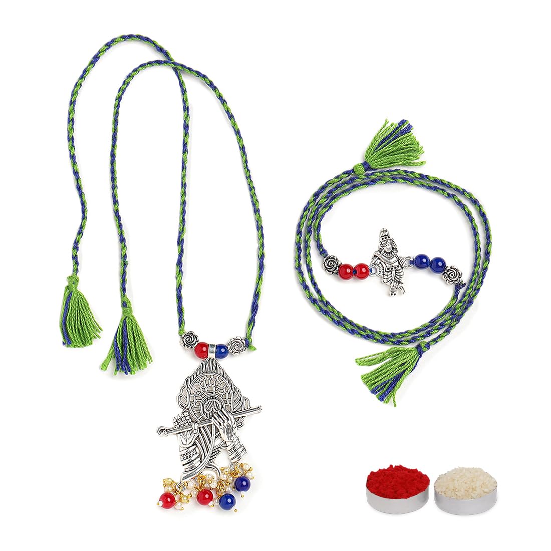 El Regalo Designer Bhaiya- Bhabhi Rakhi Luma/Lumba Set- Kundan, Pearls Rakhi with Roli Chawal in Gift Box- Luma Convertible into Necklace (Option-8)