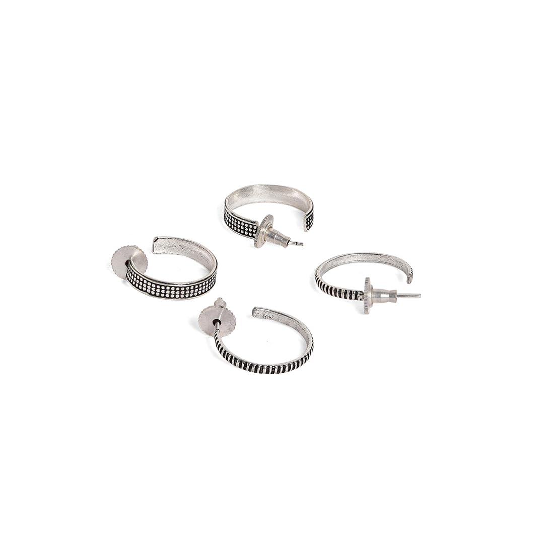 El Regalo 2 Pairs Tribal Oxidized Half Hoop Earrings, Huggie Earrings- Hammered Bohemian Oxidized German Silver Baali Earrings (Option-4)