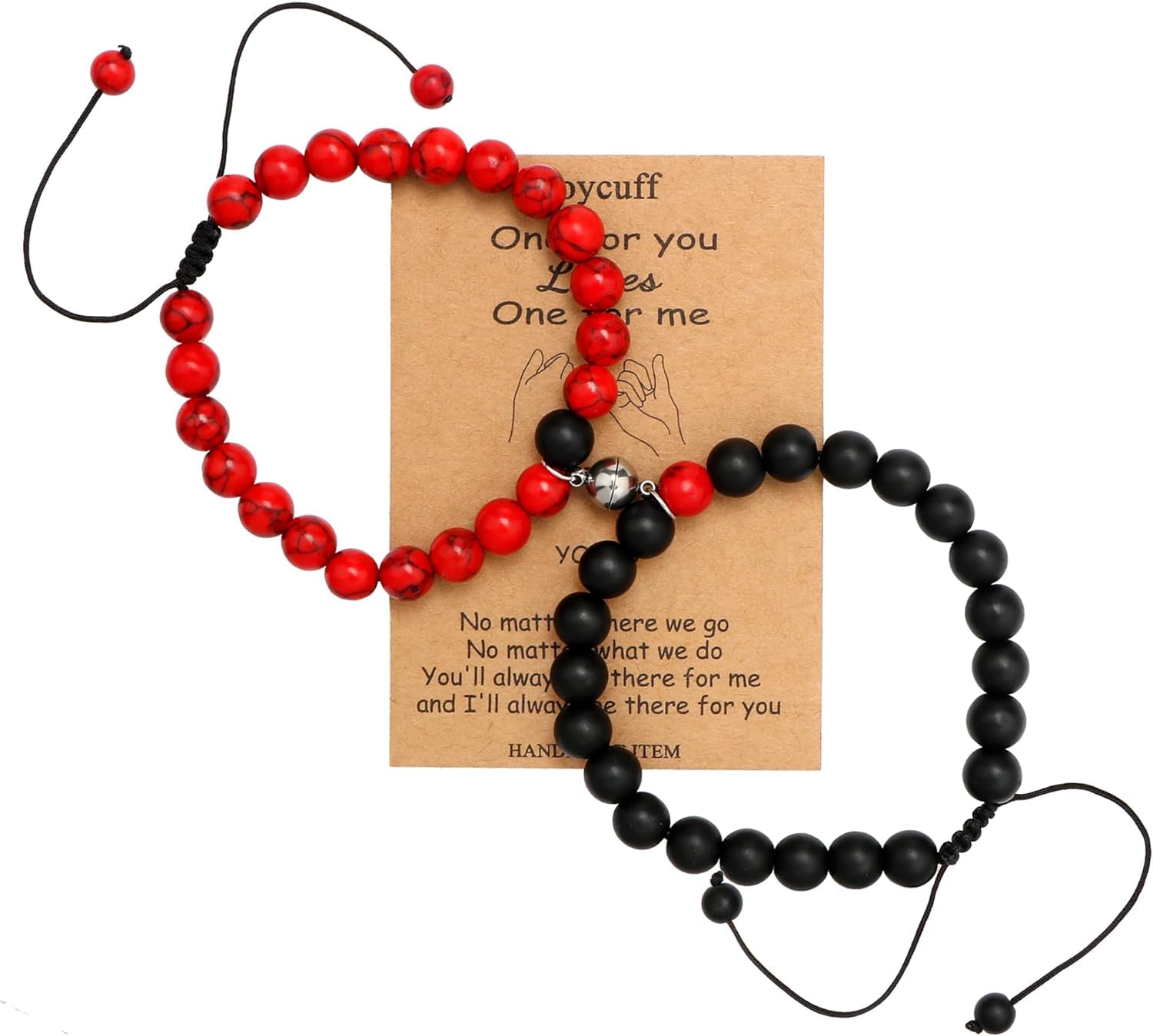 El Regalo 2PCs Magnetic Natural Stones Unisex Bracelets for Couples, Best Friend, Boyfriend & Girlfriend, Long Distance Connecting Bracelets Set- Valentines Day Gift (Red & Black)