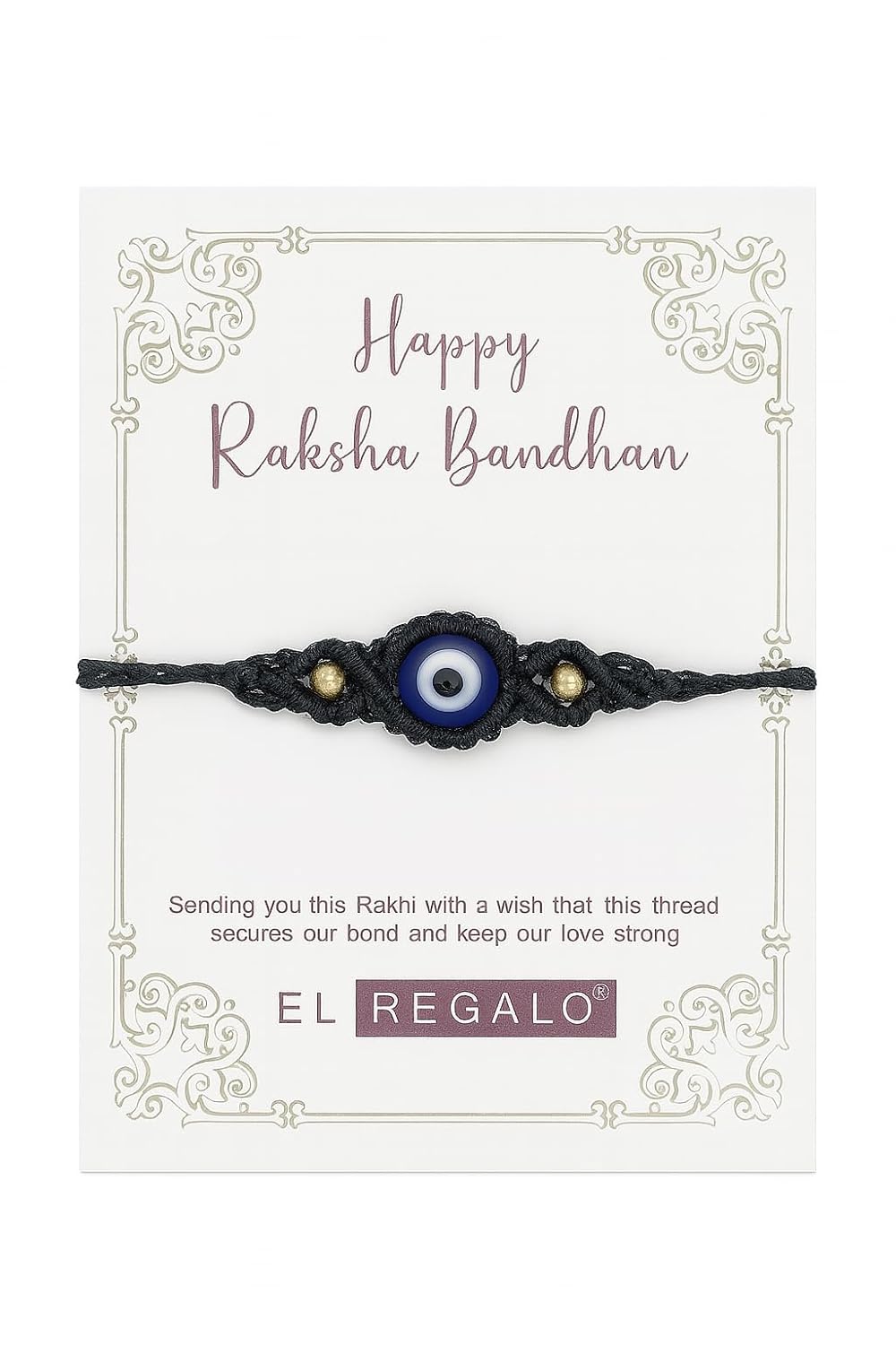 El Regalo Evil Eye Rakhi for Brother - Handmade Nazar Bracelet with Raksha Bandhan Card & Roli Chawal in Box | Designer Protection Bracelet Rakhi for Men, Boys (Black)