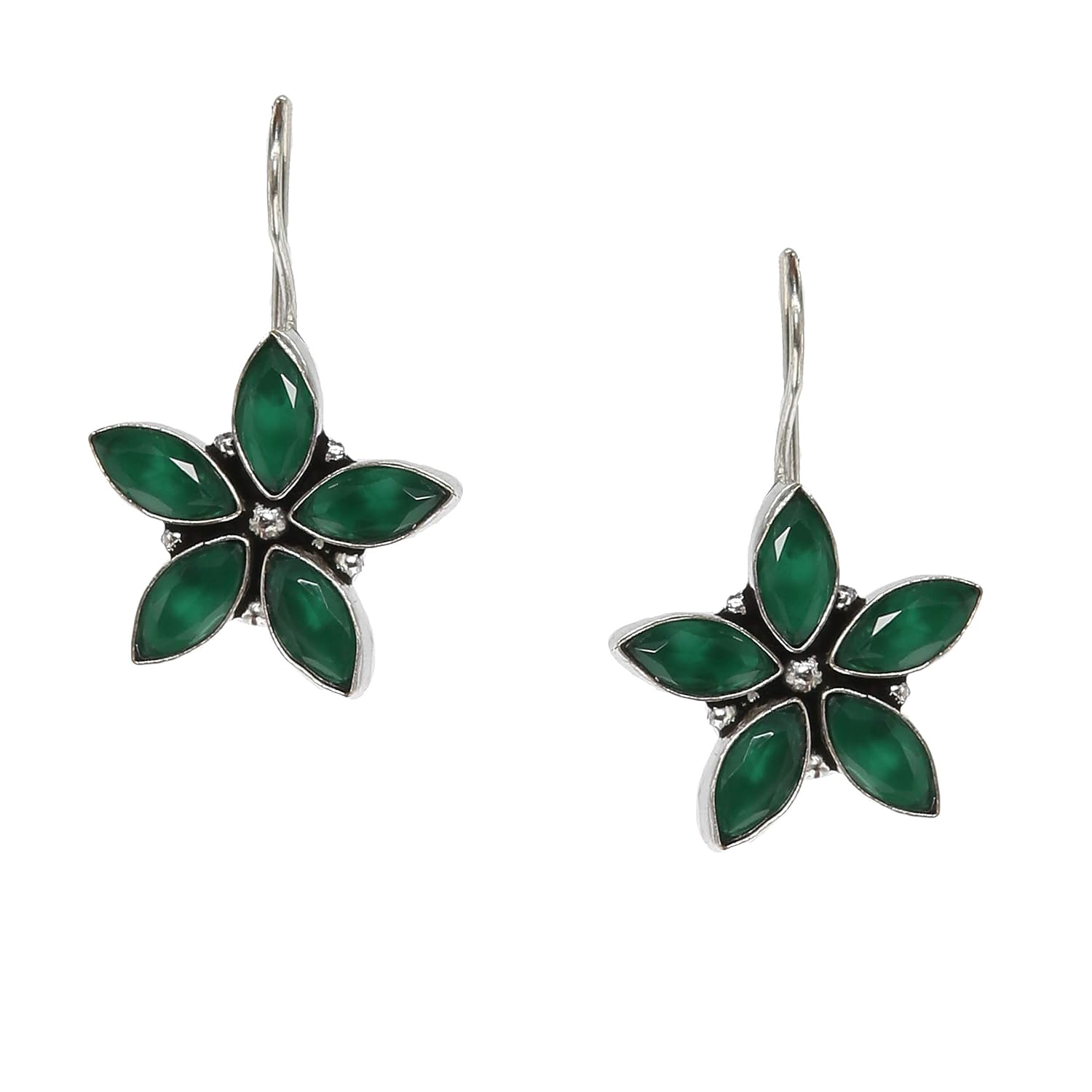 El Regalo Oxidized Sterling Silver Vintage Flower Stones Earrings for Girls & Women (Green)
