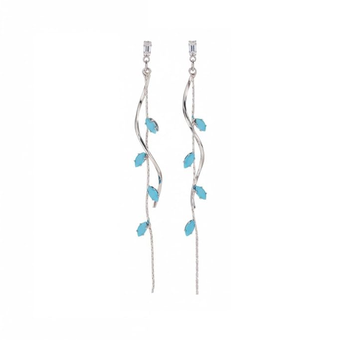 El Regalo Long Copper Zirconia Rhinestone Leaf Drop Dangle Earrings for Women | Korean Style Vine Fringe Earrings | Classy Party, Wedding & Casual Earrings Jewelry (Turquoise Blue)