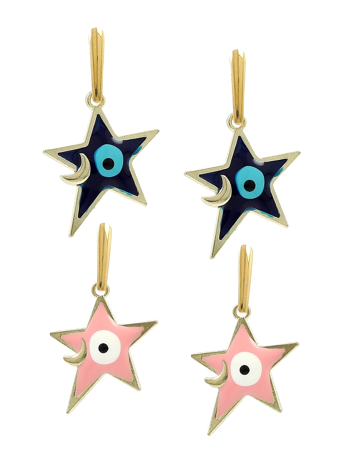 El Regalo 2 Pairs Evil Eye Hypoallergenic Dangle Heart, Star, Rainbow Studs/Hook Earrings - Handcrafted Golden Enamel Evil Eye Earrings for Girls & Women (Option- 6)