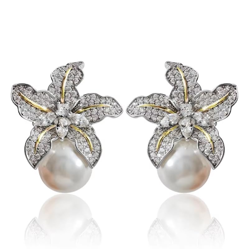El Regalo Womens Gorgeous Flower Imitation Pearl Earrings- Vintage, Elegant Flower Pearl Inlaid Sparkling CZ Stone Fashion Wedding Jewelry