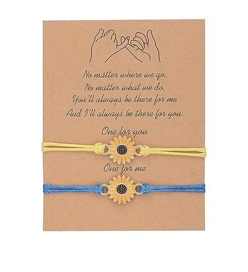 El Regalo Unisex 2 Pcs Sunflower Bracelets Set- Handmade Boho Sunflower Daisy BFF Friendship Bracelets Adjustable Braided Rope Pinky Promise Bracelets (Blue)