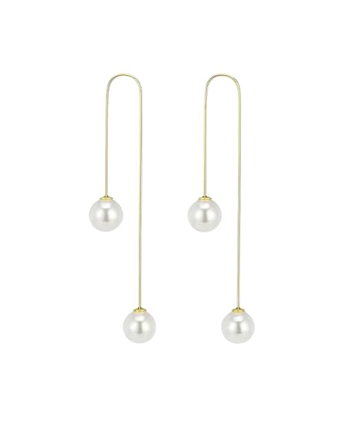 El Regalo Elegant Pearl Drop Threader Earrings for Women & Girls | Gold Long Wire Hook Double Pearls Earrings | Minimalist Jewelry for Office, Party, Wedding, Festivals