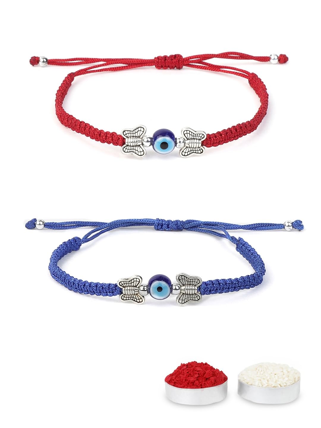 El Regalo 2PCs Cute Evil Eye Bracelet Rakhi Combo for Brothers/Bhai-Bhabhi- Fancy Evil Eye Rakhi with Roli Chawal in Rakshabandhan Gift Box (Red & Blue Butterfly Evil Eye)