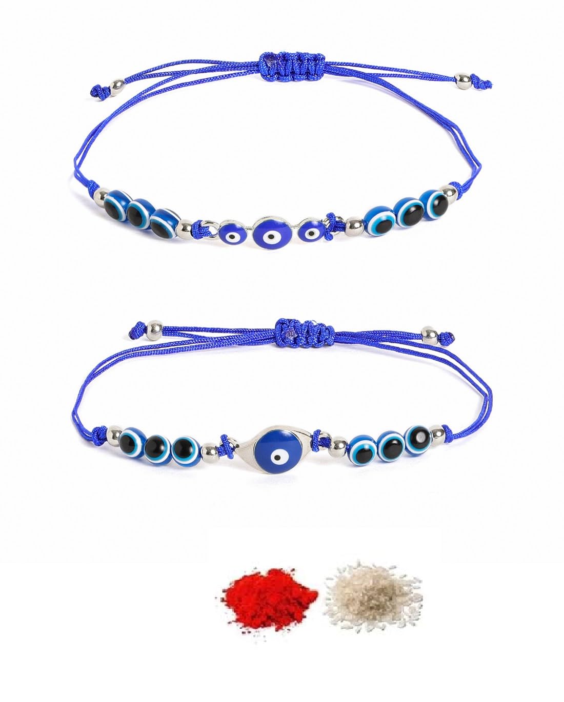 El Regalo 2PCs Evil Eye Rakhi Combo Set for Bhai-Bhabhi or Bhai-Bhatija/Bhatiji- 2 Evil Eye Rakhis with Roli Chanwal, Rakhi Card in Rakhi Gift Box (Option-9)