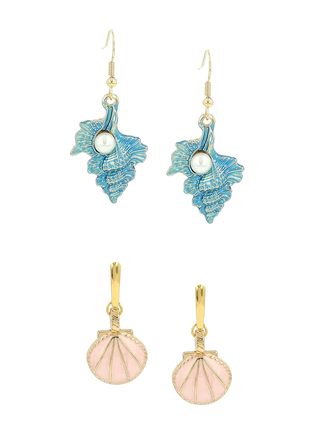 El Regalo 2 Pair Cute Enameled Dangle Studs Earrings Combo for Kids/Girls/Teens & Women- Bright Colors Shell-Flower- Heart-Pearls-Stars Charms Earrings (Option-6)