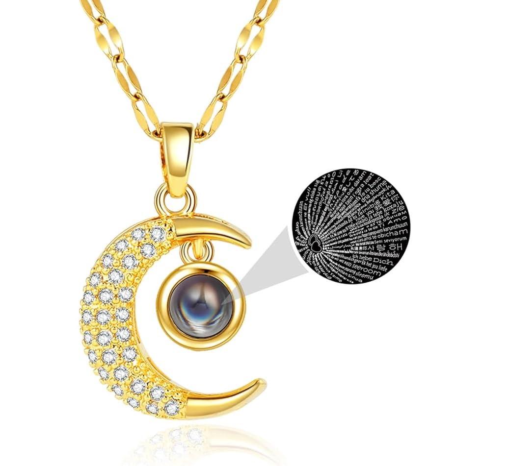 El Regalo Crescent Moon Projection Necklace for Women & Girls - I Love You in 100 Languages - Golden Titanium Steel & Copper - Romantic, Minimalist Unisex Necklace
