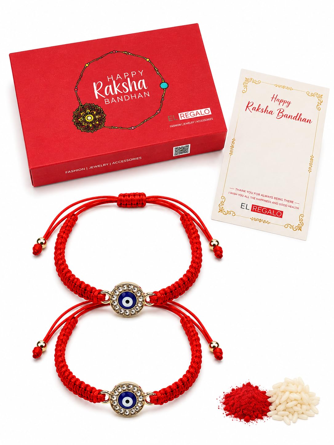 El Regalo 2PCs Rakhis for Brother- Evil Eye Rakhi Combo Set with 2 Rakhis, shagun Pack, Rakhi Message Card in Rakhi Gift Box (Option-1)