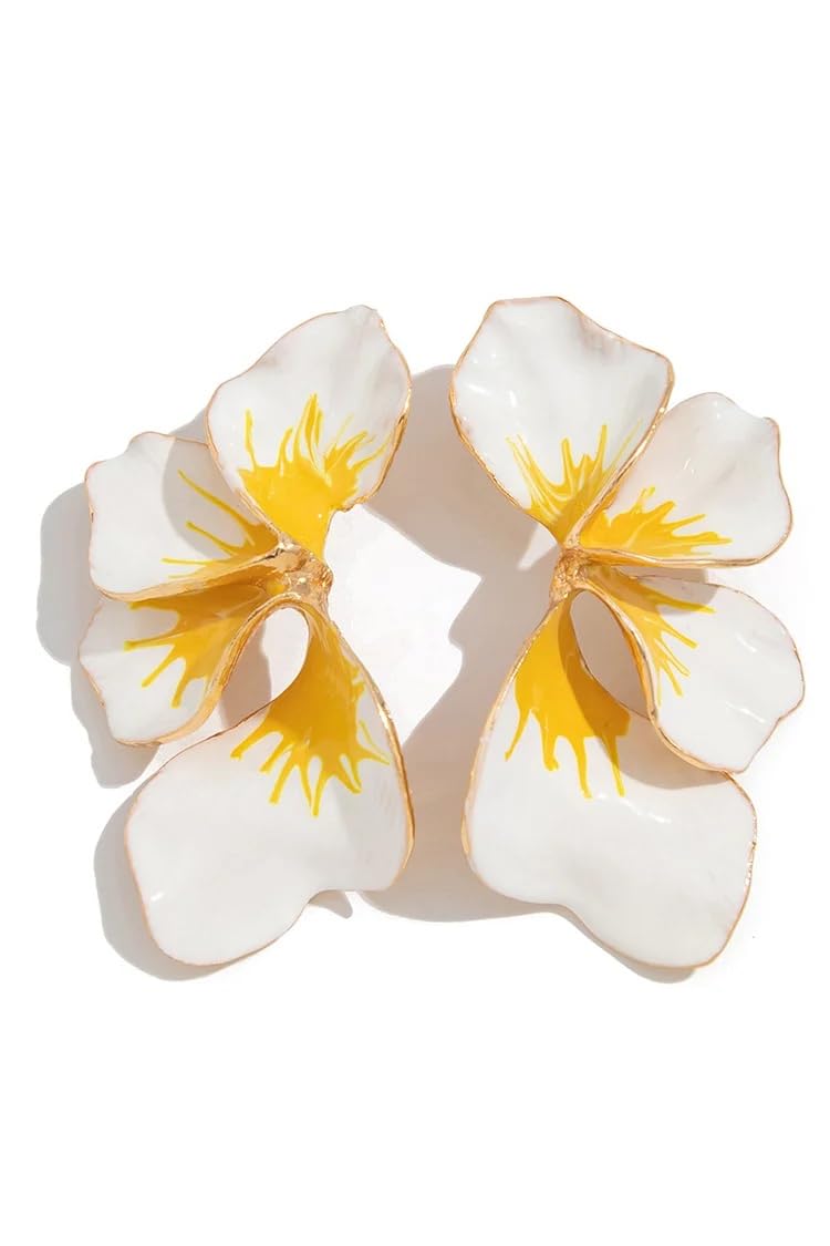 El Regalo Big Floral Statement Earrings for Women | White Yellow Oil Drip Enamel Flower Earrings | Irregular Petal Leaf Design | Bold Fashion Earrings for Party, Vacation & Western look