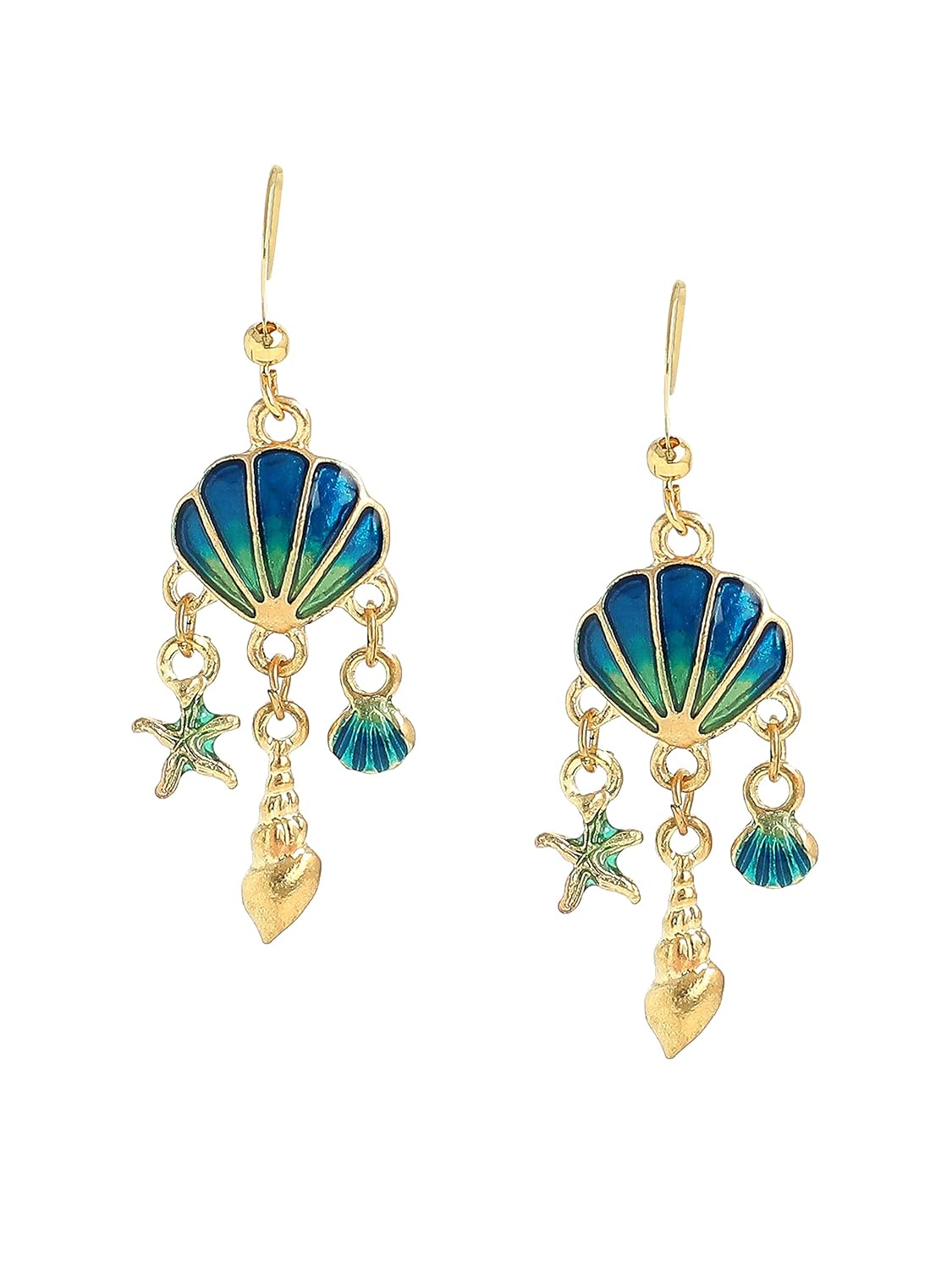 El Regalo Sparkly Tassel Enamel Shell Dangle Earrings- Hypoallergenic Metallic Shell Starfish Fashion Earrings for Girls & Women (Peacock Blue Shell Earrings)