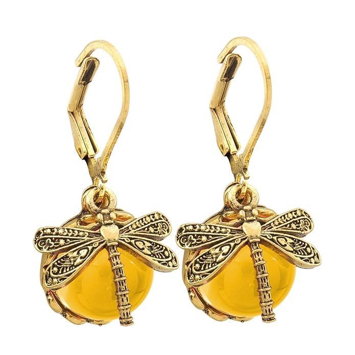 El Regalo Bohemian Vintage Dragonfly Crystal Earrings- Victorian Moonstones Dragonfly Vintage Carved Earrings for Women/Girls (champagne yellow)